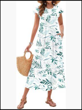 Summer Maxi Dress Ruffle Sleeve Loose Tiered Beach Sundress with Pockets